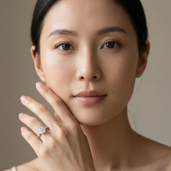 White gold Cushion Solitaire Bezel-Set Diamond Ring with Beaded Band and Four-Prong Setting