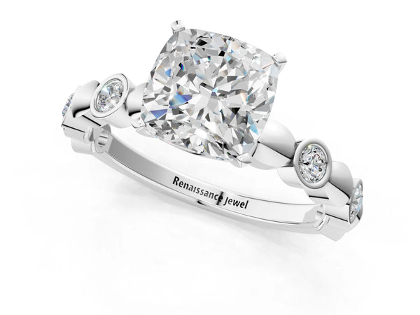 White gold Cushion Solitaire Bezel-Set Diamond Ring with Beaded Band and Four-Prong Setting