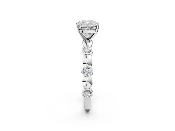 White gold Cushion Solitaire Bezel-Set Diamond Ring with Beaded Band and Four-Prong Setting