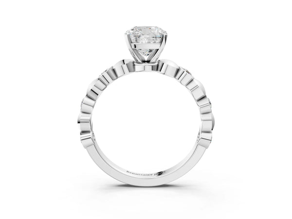 White gold Cushion Solitaire Bezel-Set Diamond Ring with Beaded Band and Four-Prong Setting