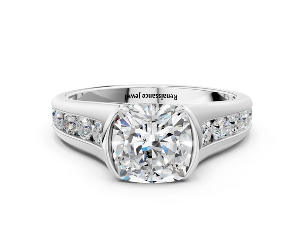 Platinum Cushion Cut Half Bezel Engagement Ring Setting with Graduated Channel Set Accents