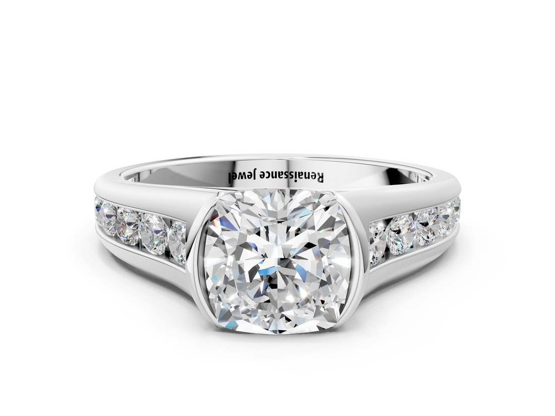 White gold Cushion Solitaire Bezel-Set Diamond Ring with Channel-Set Band_56