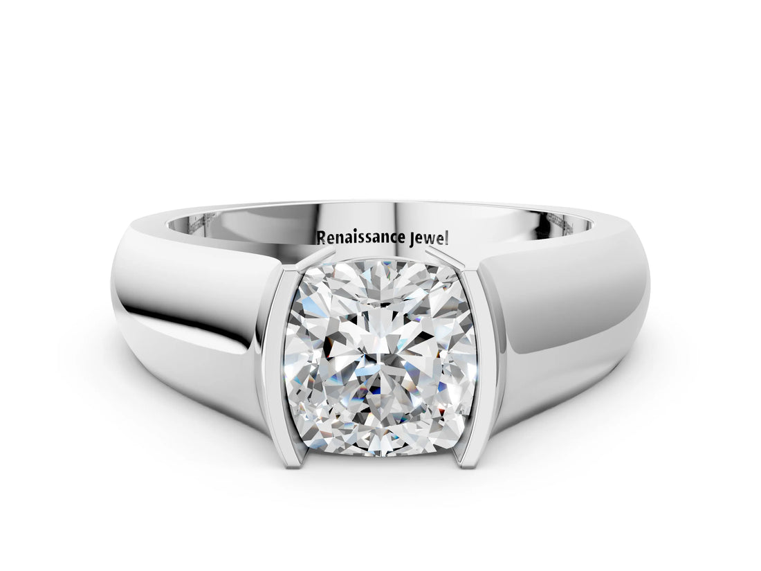 White gold Cushion Solitaire Bezel Set Diamond Ring with Wide Band_3