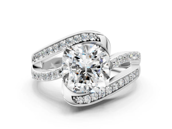 White gold Cushion Solitaire Bypass Diamond Engagement Ring with Channel-Set Band and Four-Prong Setting