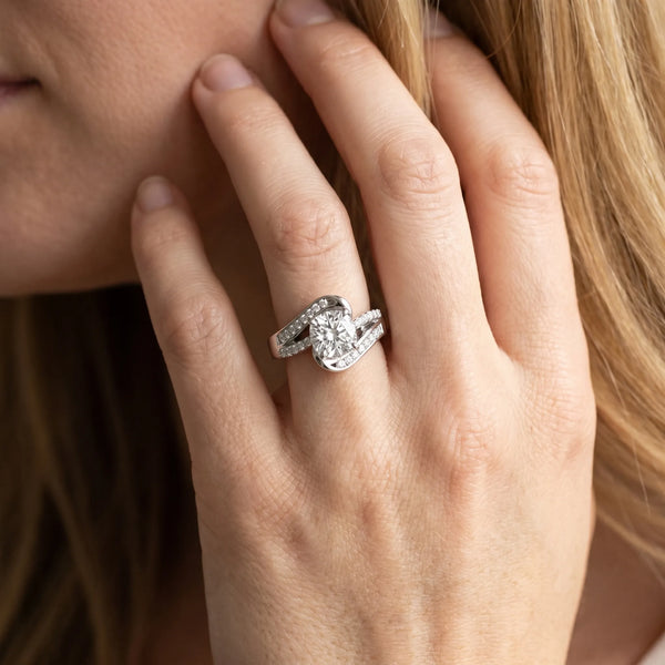 White gold Cushion Solitaire Bypass Diamond Engagement Ring with Channel-Set Band and Four-Prong Setting