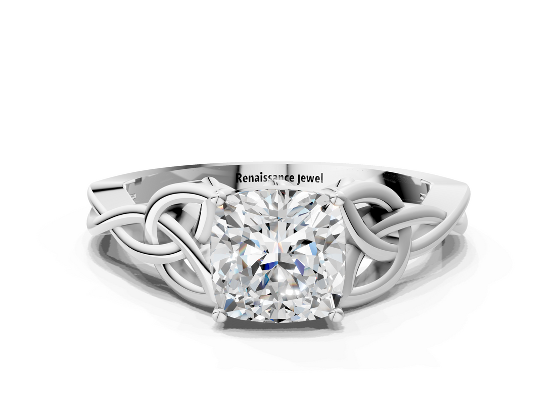 White gold Cushion Solitaire Celtic Knot Engagement Ring with Four-Prong Setting_104