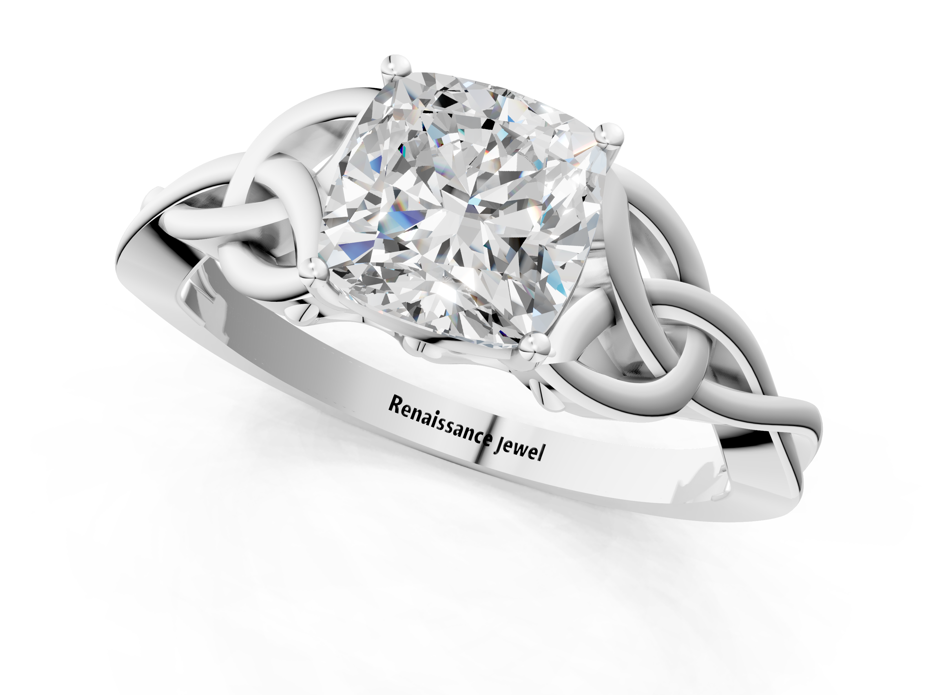 White gold Cushion Solitaire Celtic Knot Engagement Ring with Four-Prong Setting_104