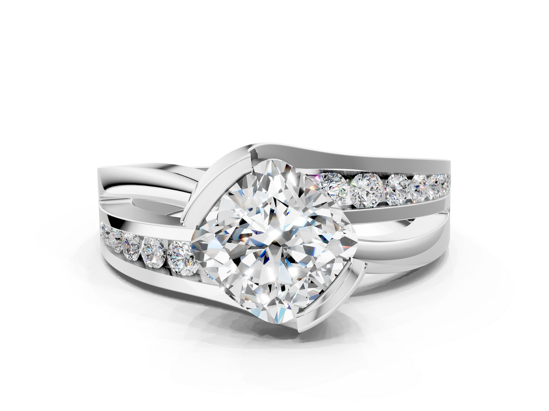 White gold Cushion Solitaire Channel-Set Split Shank Ring with Tension Prong Setting_18