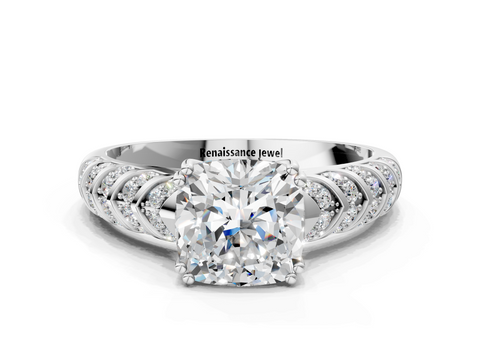 White gold Cushion Solitaire Chevron Pave Diamond Engagement Ring with Six-Prong Setting_3
