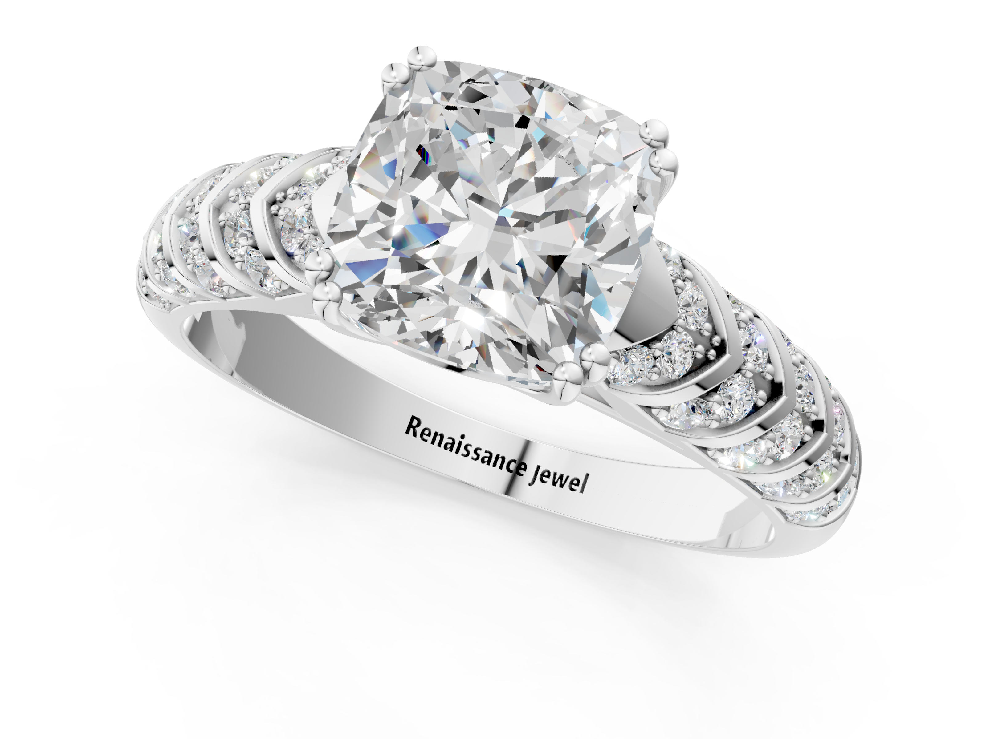 White gold Cushion Solitaire Chevron Pave Diamond Engagement Ring with Six-Prong Setting_4