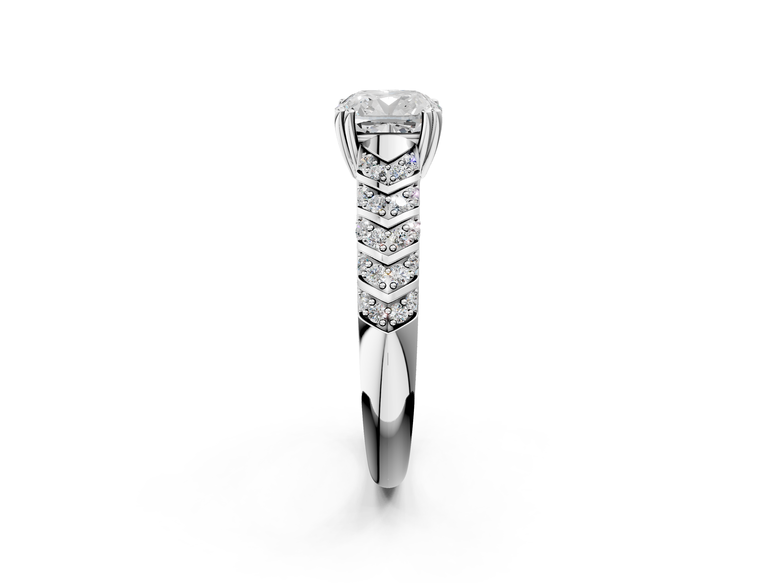 White gold Cushion Solitaire Chevron Pave Diamond Engagement Ring with Six-Prong Setting_5