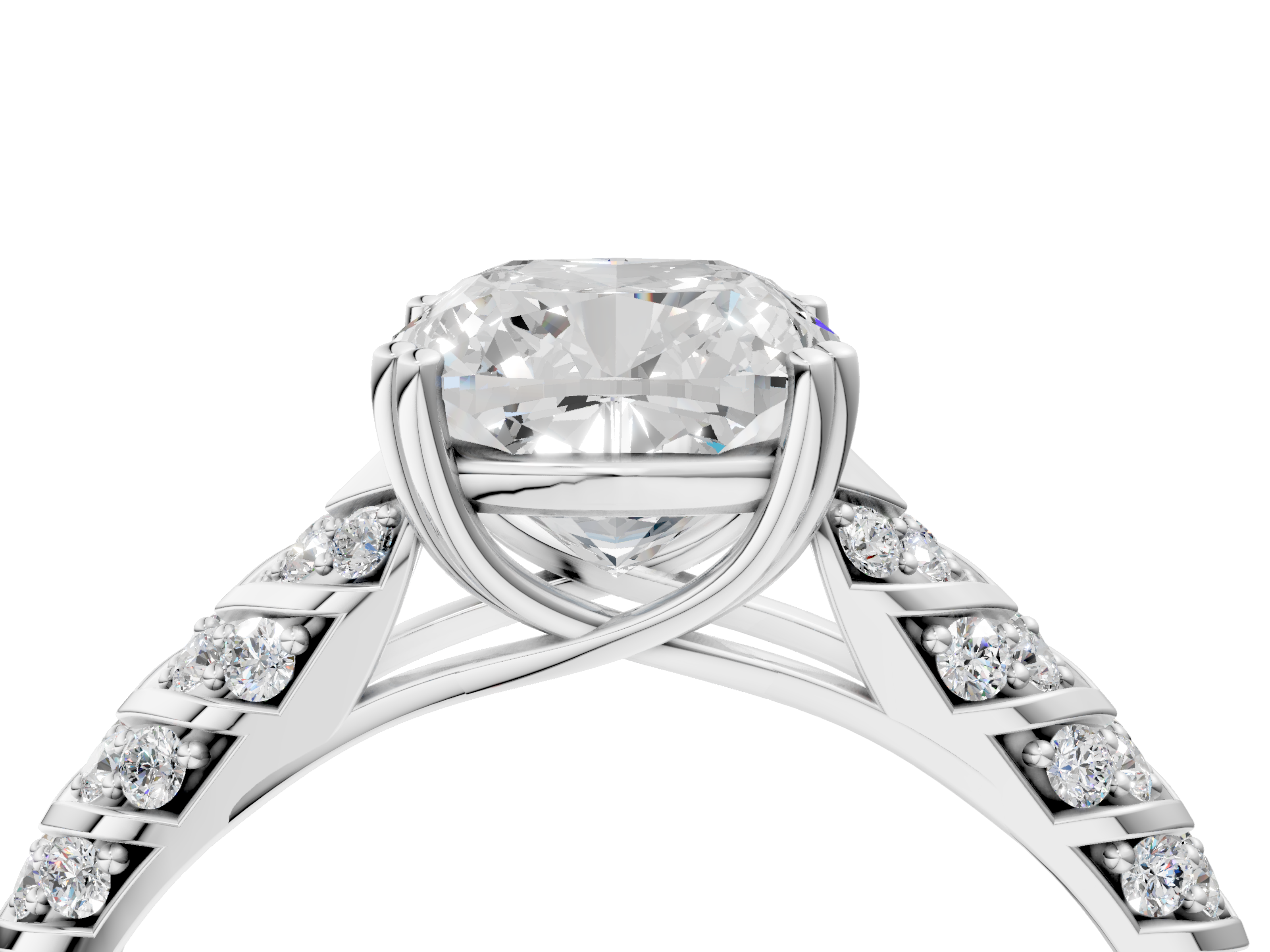 White gold Cushion Solitaire Chevron Pave Diamond Engagement Ring with Six-Prong Setting_7