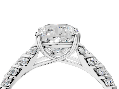White gold Cushion Solitaire Chevron Pave Diamond Engagement Ring with Six-Prong Setting_7