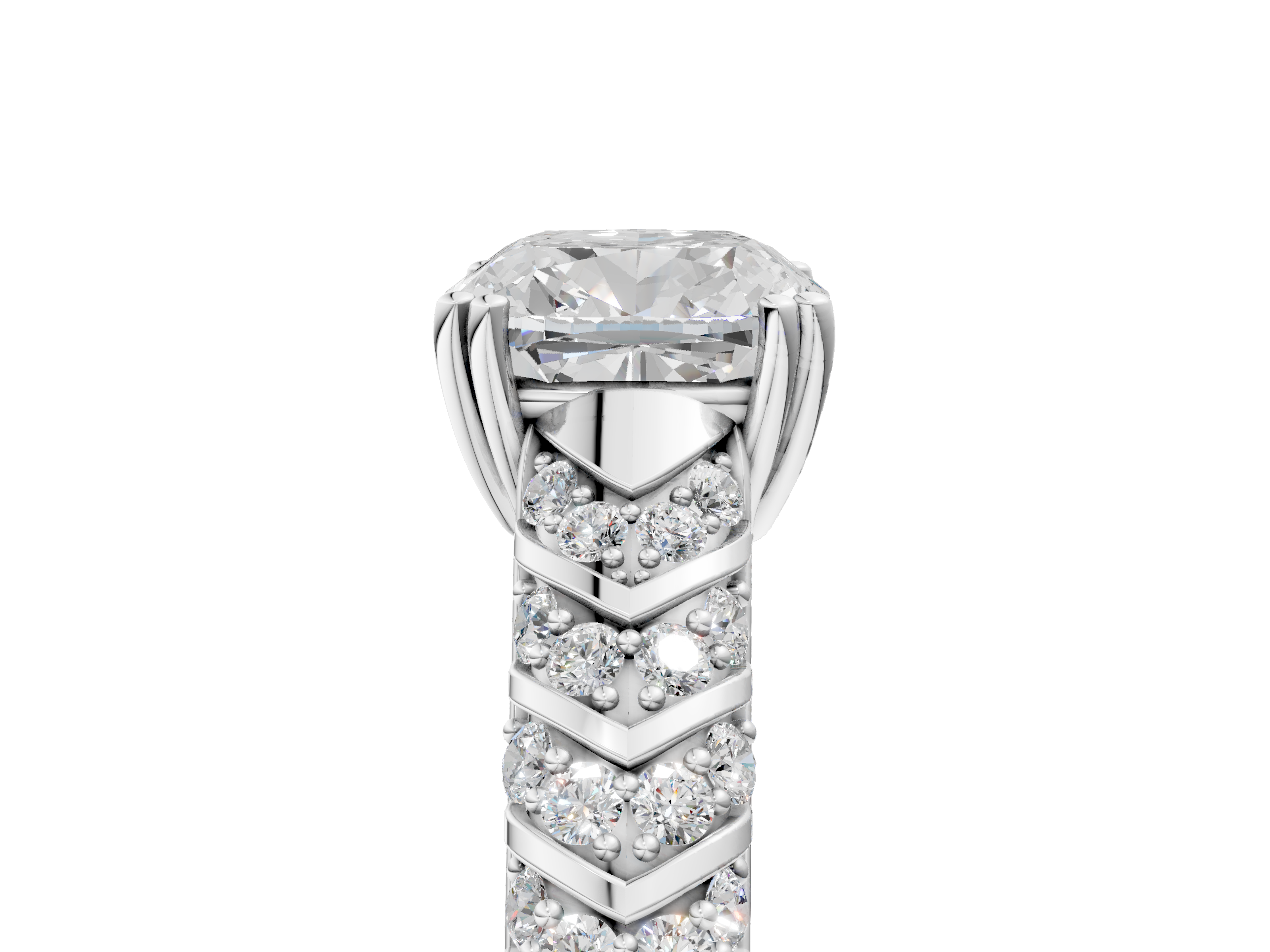 White gold Cushion Solitaire Chevron Pave Diamond Engagement Ring with Six-Prong Setting_8