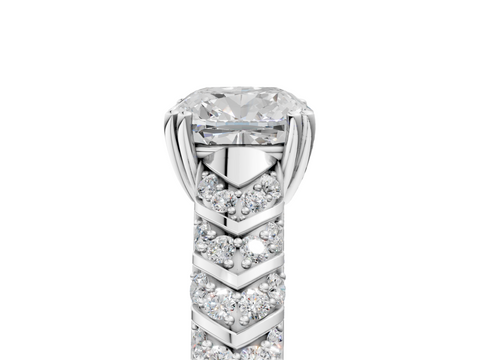 White gold Cushion Solitaire Chevron Pave Diamond Engagement Ring with Six-Prong Setting_8