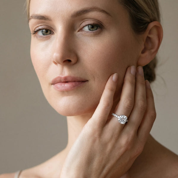 White gold Cushion Solitaire Diamond Engagement Ring with Pavé Band and Six-Prong Setting