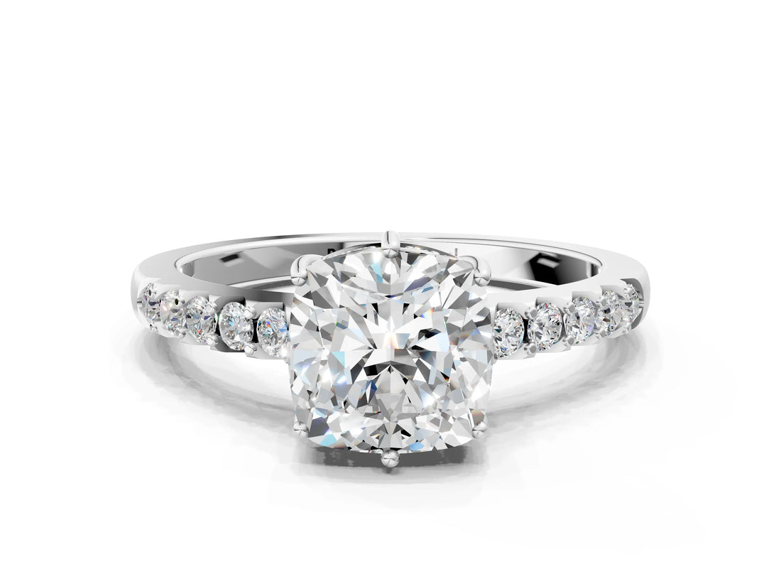 White gold Cushion Solitaire Diamond Engagement Ring with Pavé Band and Six-Prong Setting_56