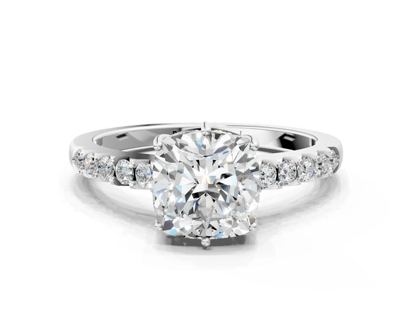 White gold Cushion Solitaire Diamond Engagement Ring with Pavé Band and Six-Prong Setting