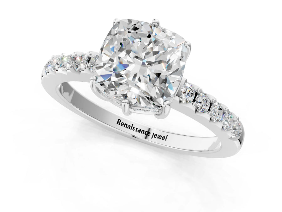White gold Cushion Solitaire Diamond Engagement Ring with Pavé Band and Six-Prong Setting