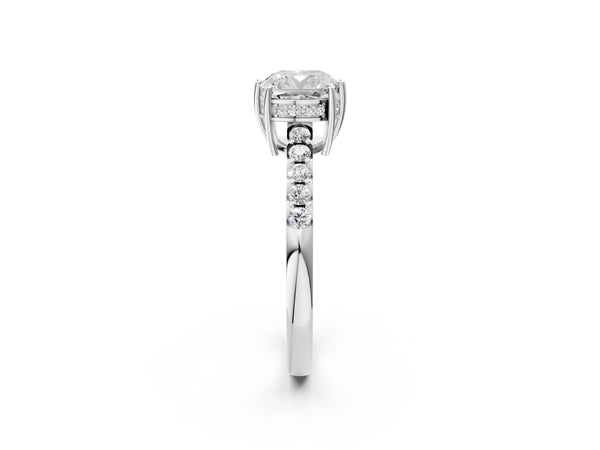 White gold Cushion Solitaire Diamond Engagement Ring with Pavé Band and Six-Prong Setting