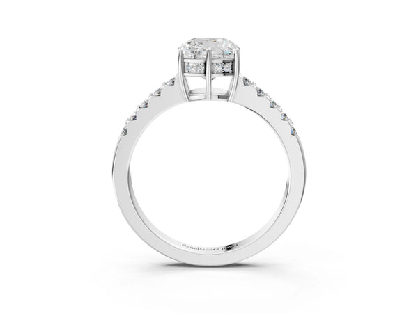White gold Cushion Solitaire Diamond Engagement Ring with Pavé Band and Six-Prong Setting