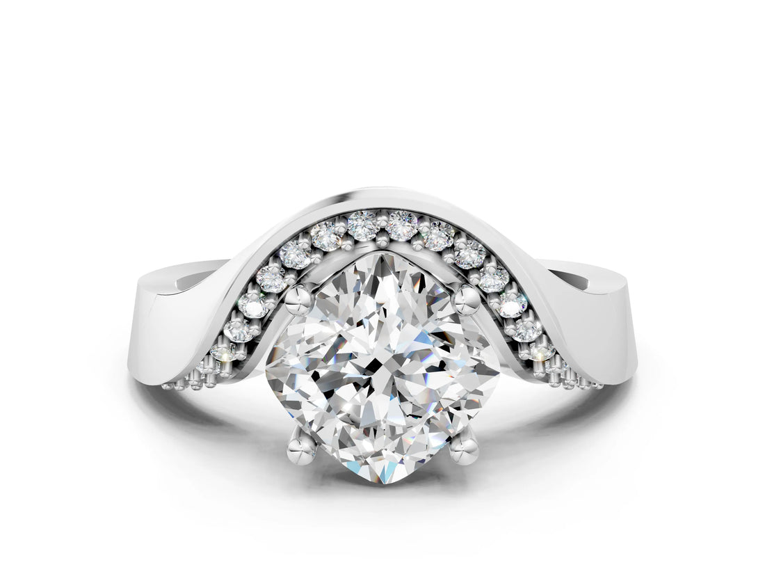 White gold Cushion Solitaire Diamond Engagement Ring with Pave Band and Four-Prong Setting_26