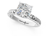White gold Cushion Solitaire Diamond Engagement Ring with XO Engraved Band and Four-Prong Setting 1