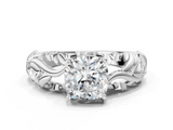 White gold Cushion Solitaire Diamond Leaf Vine Band with Prong Setting_76
