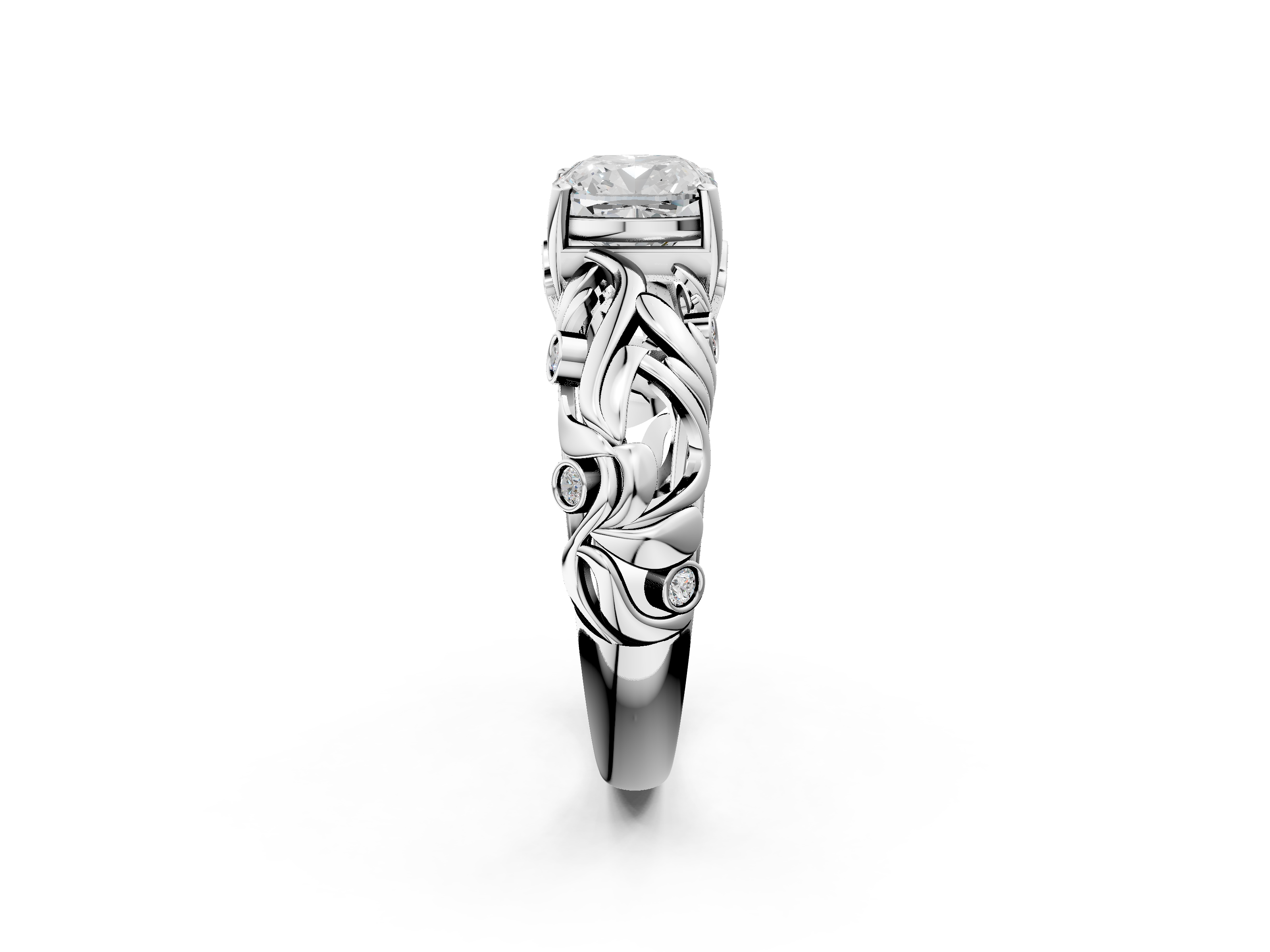 White gold Cushion Solitaire Diamond Leaf Vine Band with Prong Setting_78