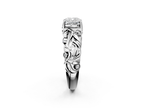 White gold Cushion Solitaire Diamond Leaf Vine Band with Prong Setting_78