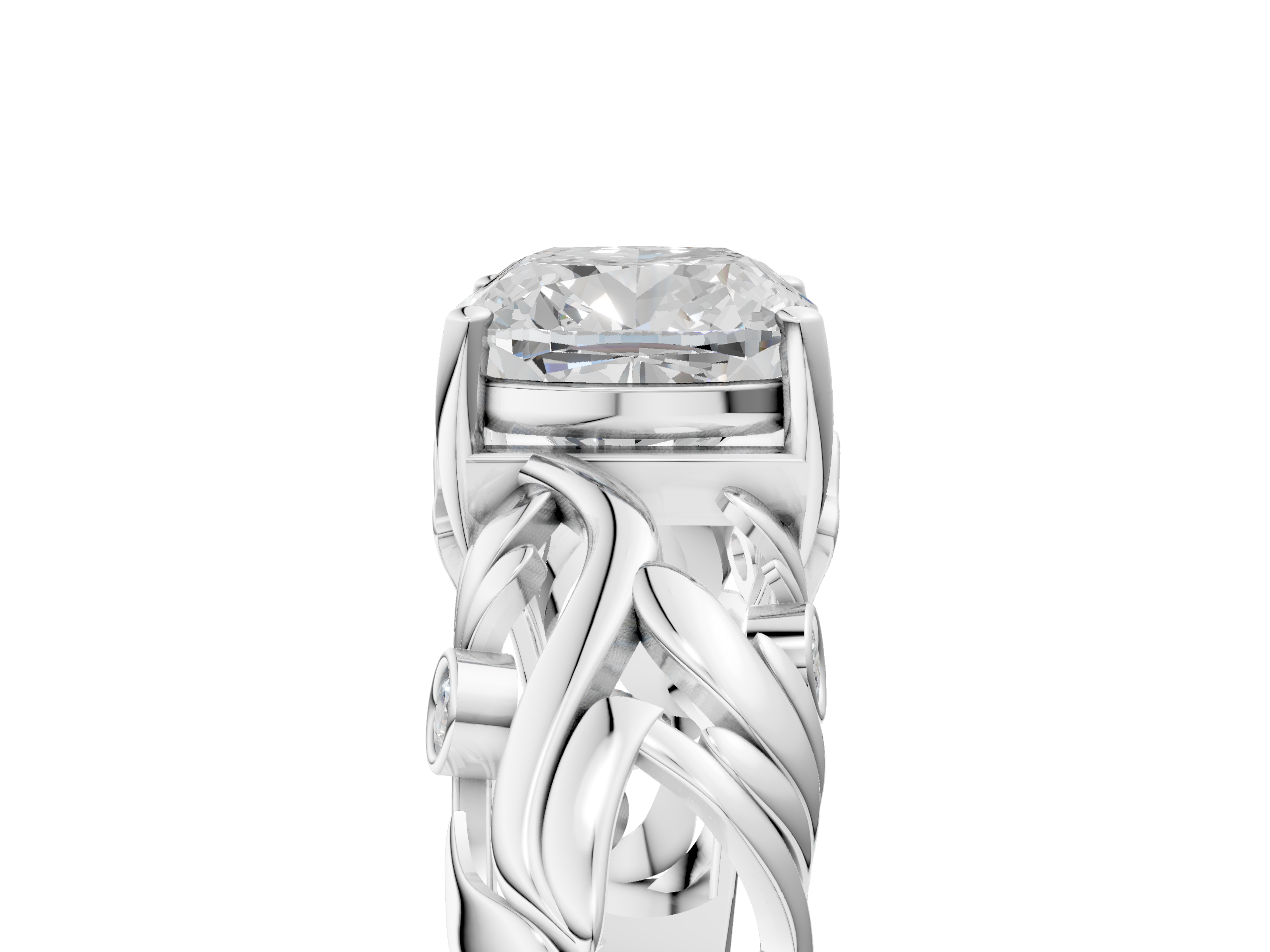 White gold Cushion Solitaire Diamond Leaf Vine Band with Prong Setting_81