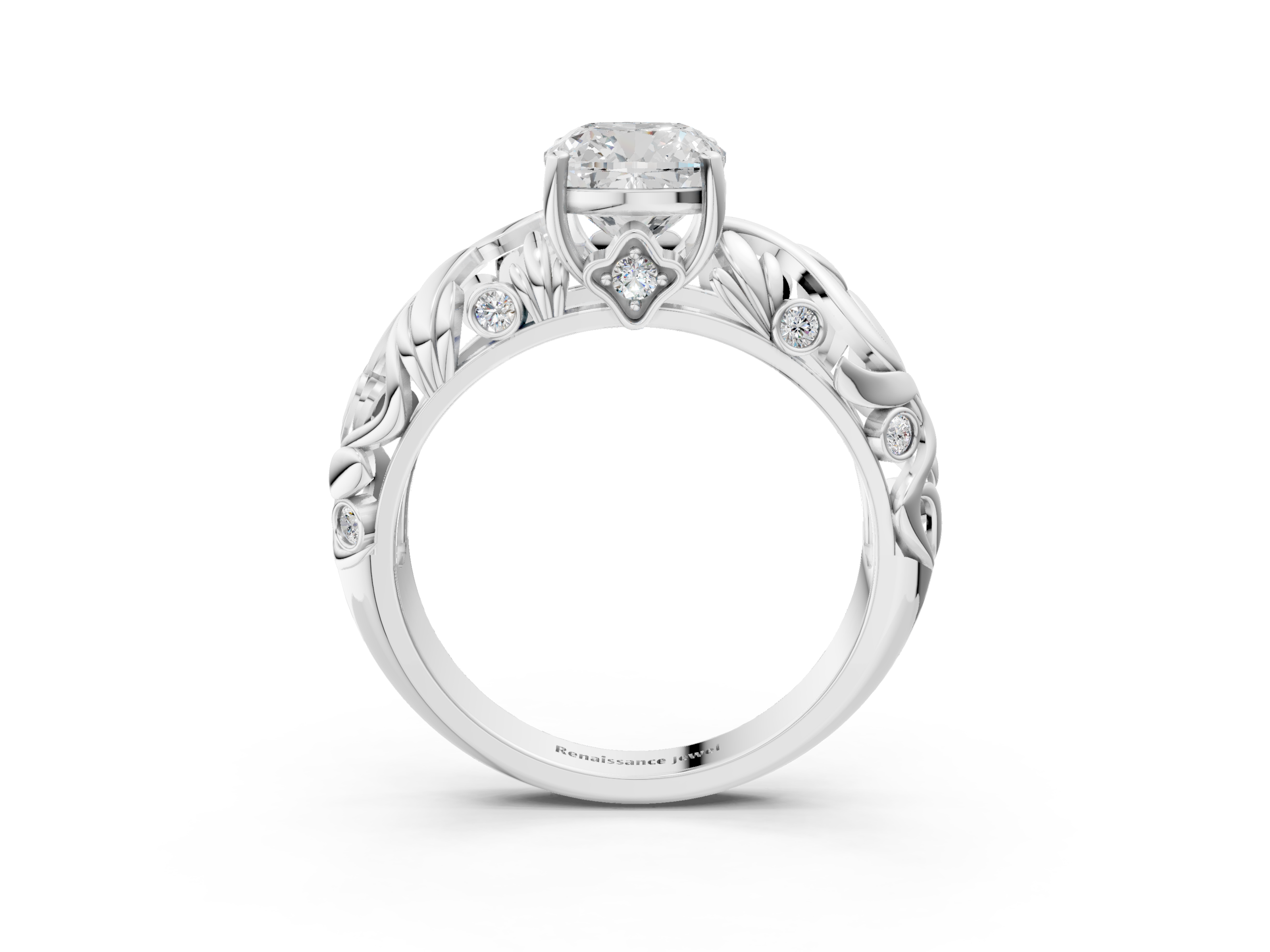 White gold Cushion Solitaire Diamond Leaf Vine Band with Prong Setting_83