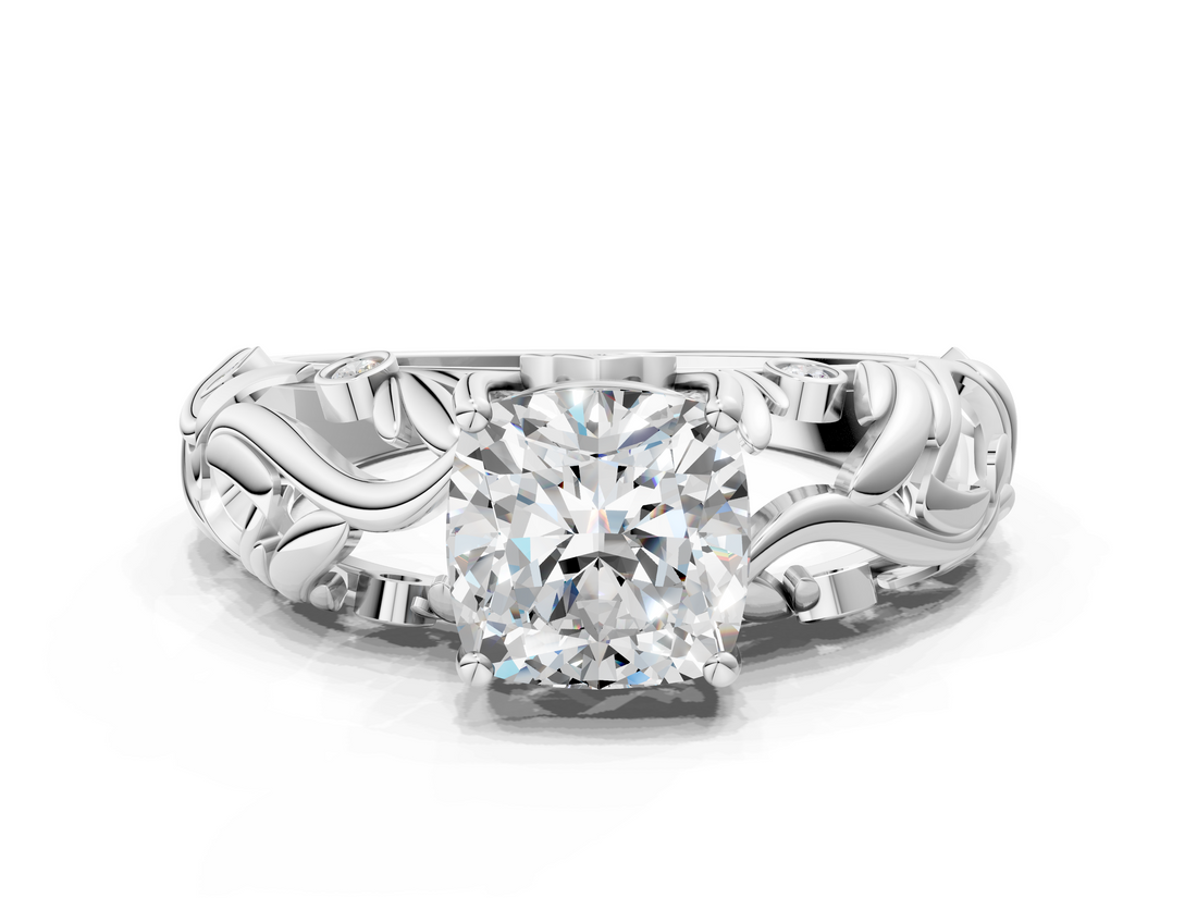 White gold Cushion Solitaire Diamond Leaf Vine Band with Prong Setting_84
