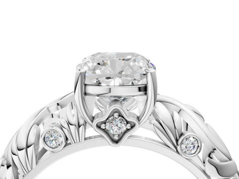 White gold Cushion Solitaire Diamond Leaf Vine Band with Prong Setting_84