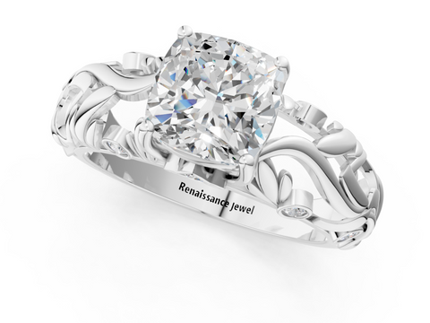 White gold Cushion Solitaire Diamond Leaf Vine Band with Prong Setting_85