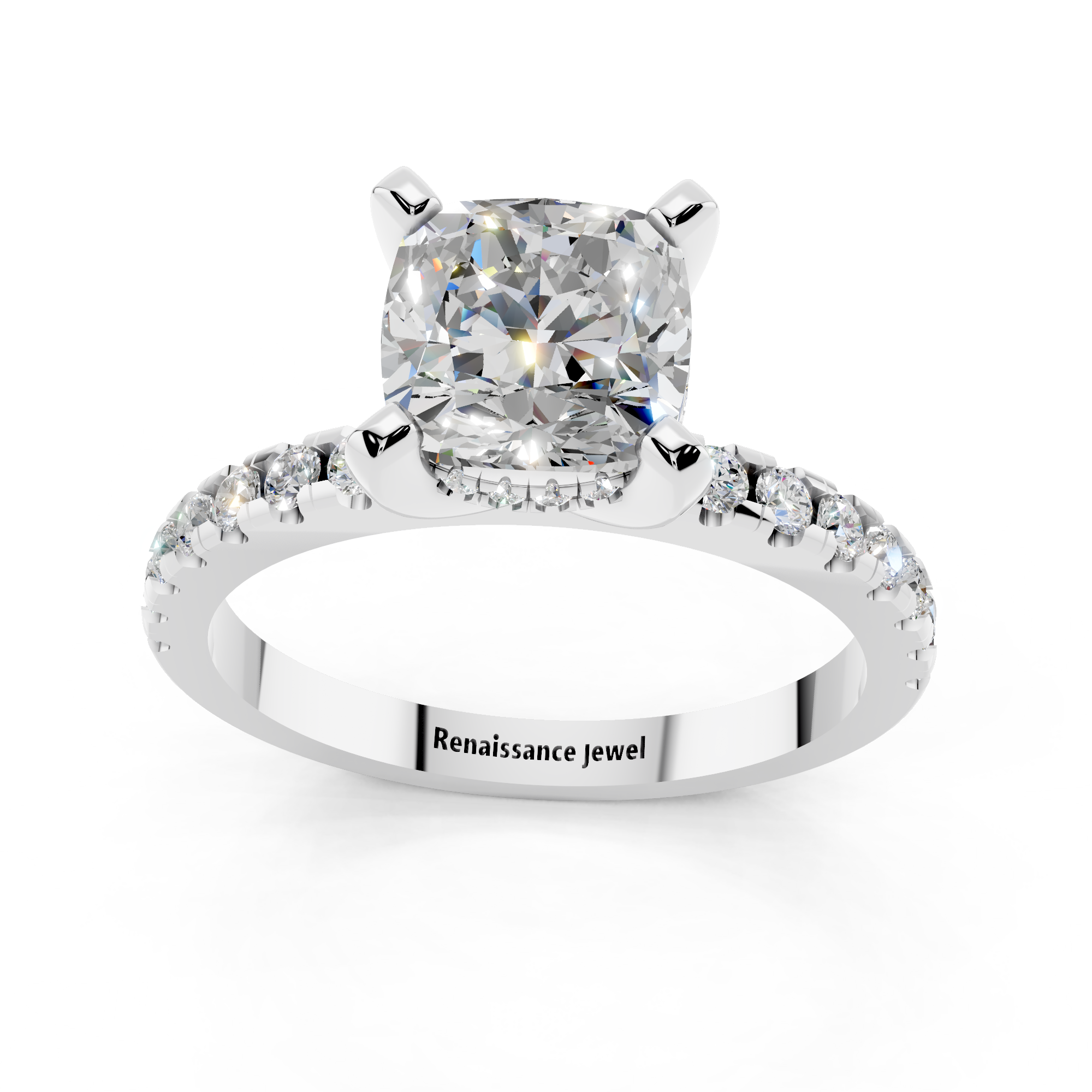 White gold Cushion Solitaire Diamond Pavé Band with Four-Prong Setting_199