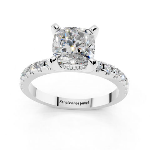 White gold Cushion Solitaire Diamond Pavé Band with Four-Prong Setting_199