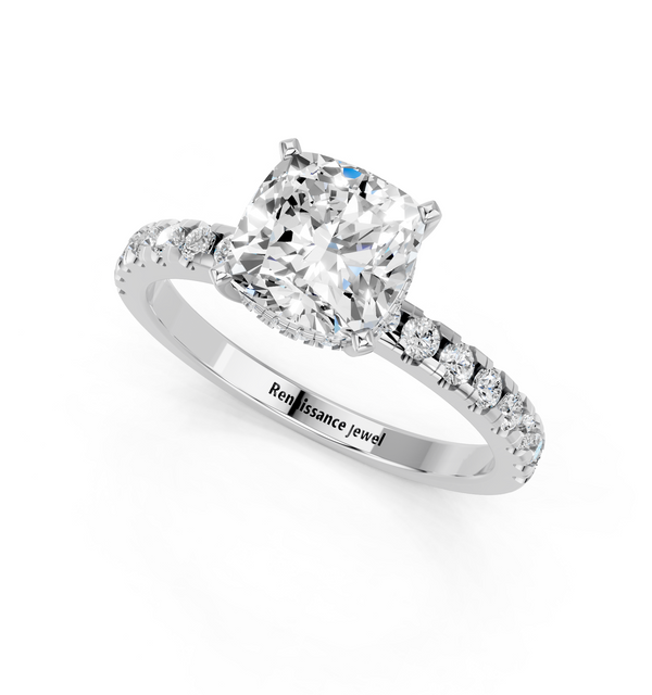 14K White Gold 1.55 Carat F VVS2 Cushion Solitaire Diamond Pavé Band with Four-Prong Setting