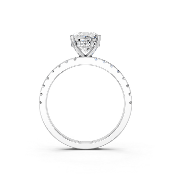 14K White Gold 1.55 Carat F VVS2 Cushion Solitaire Diamond Pavé Band with Four-Prong Setting
