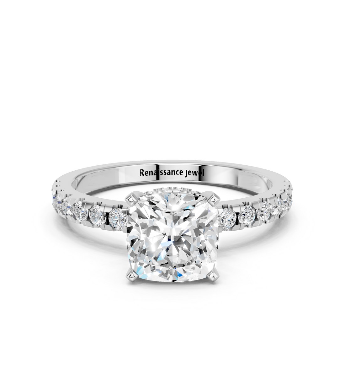14K White Gold 1.55 Carat F VVS2 Cushion Solitaire Diamond Pavé Band with Four-Prong Setting