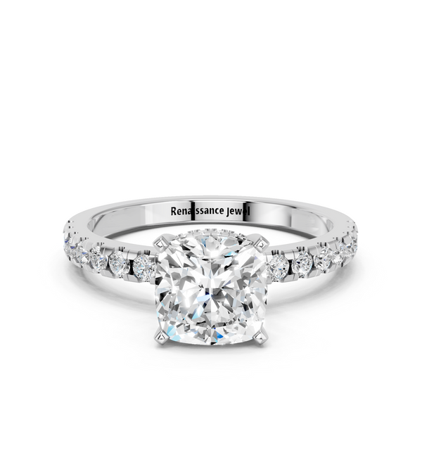 14K White Gold 1.55 Carat F VVS2 Cushion Solitaire Diamond Pavé Band with Four-Prong Setting