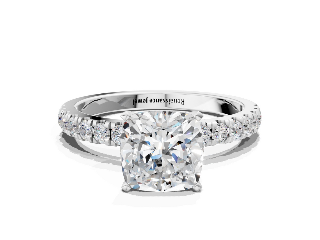 White gold Cushion Solitaire Diamond Pavé Band with Four-Prong Setting_80