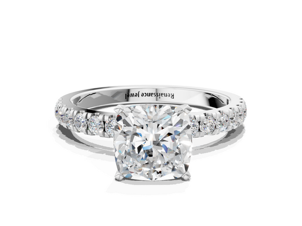 White gold Cushion Cut Diamond Solitaire Ring with Pavé Accents and Four-Prong Setting