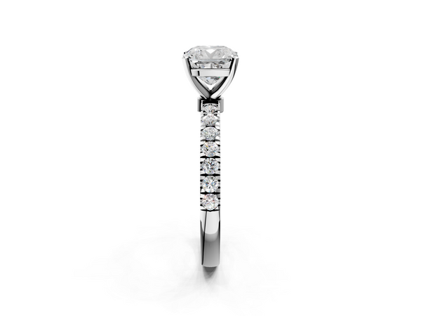 White gold Cushion Cut Diamond Solitaire Ring with Pavé Accents and Four-Prong Setting