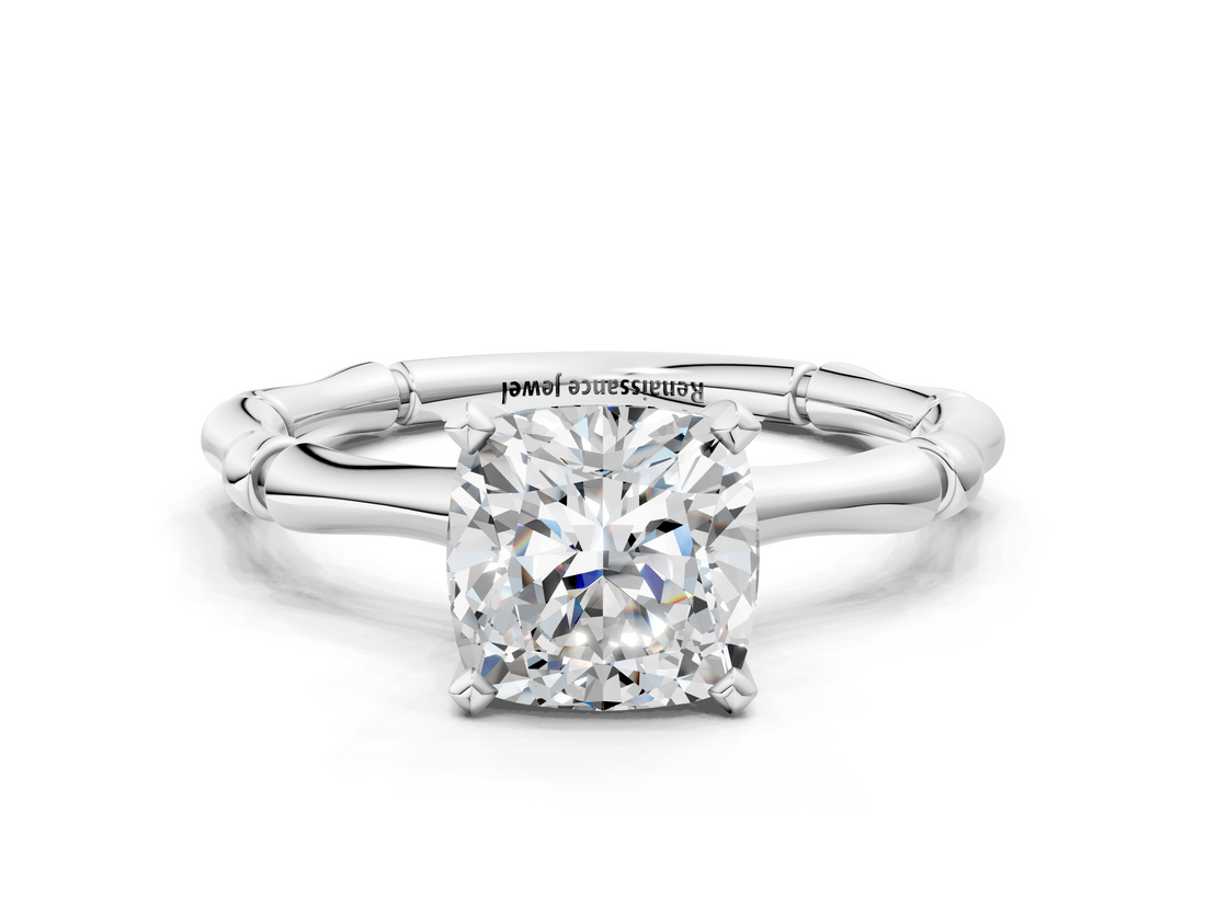 White gold Cushion Solitaire Diamond Ring with Bamboo Band and Four-Prong Setting_75