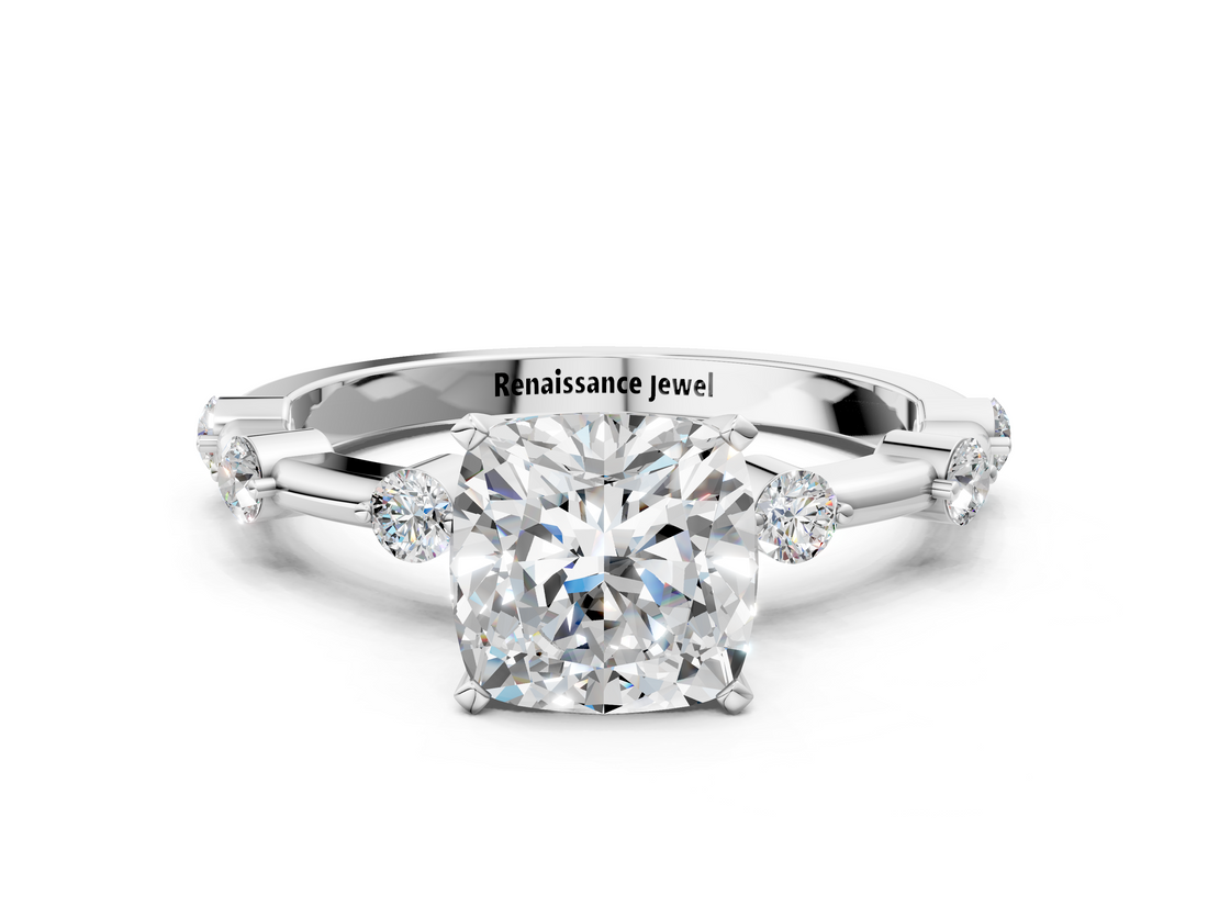 White gold Cushion Solitaire Diamond Ring with Bezel Set Side Stones and Prong Setting_24