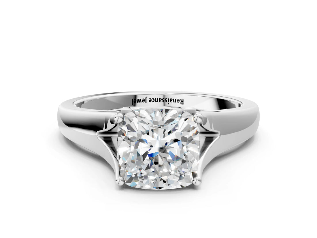 White gold Cushion Solitaire Diamond Ring with Cathedral Band and Four-Prong Setting_66