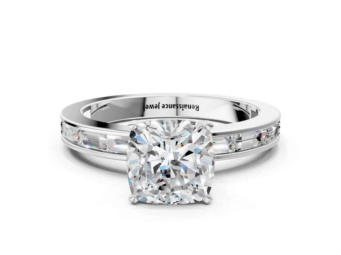 White gold Cushion Solitaire Diamond Ring with Channel-Set Baguette Band and Four-Prong Setting_107