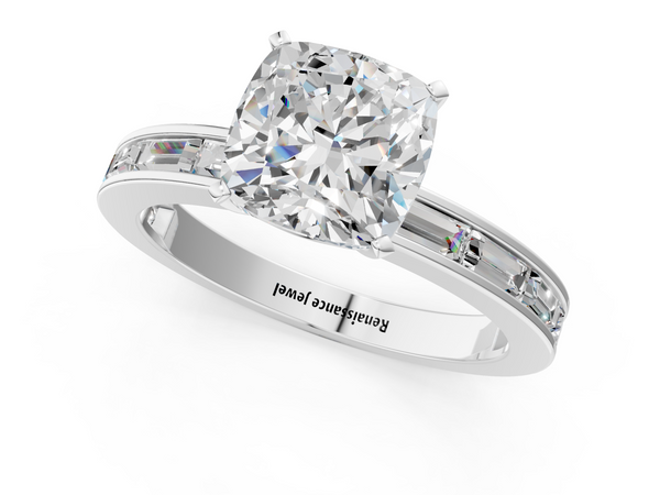 White gold Cushion Solitaire Diamond Ring with Channel-Set Baguette Band and Four-Prong Setting