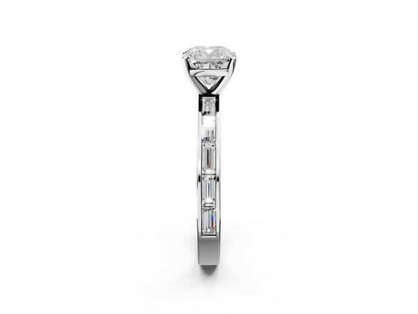 White gold Cushion Solitaire Diamond Ring with Channel-Set Baguette Band and Four-Prong Setting